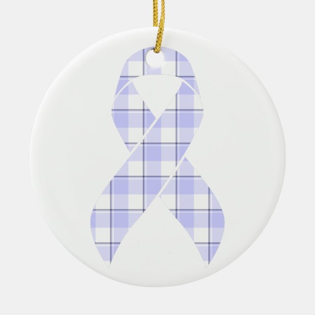 Ornamento De Cerâmica Stomach Cancer Awareness Plaid Periwinkle Ribbon (Frente)