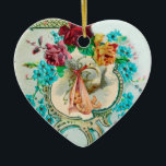 Ornamento De Cerâmica STORAGE CHÁ DE FRALDAS 2 MONOGRAM Red Ruby<br><div class="desc">Design floral elegante, colorido e vibrante estilo vintage com um bebê e cegonha voadora entre o belo rosa romântico, rosas vermelhas, flores de primavera azul lacrimogêneo e uma brilhante pedra gemônica 3D de Búlgaro Lumini (c).Fácil de personalizar com seu próprio texto e incitais para chás de fraldas, festas de aniversário...</div>
