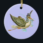Ornamento De Cerâmica STORK BABY BOY CHÁ MONOGRAM Blue Aquamarine<br><div class="desc">Design elegante e engraçado em azul-lacrimejo,  cores brancas reelaboradas da safra.</div>