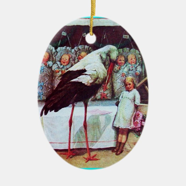 Ornamento De Cerâmica STORK BABY BOY CHÁ MONOGRAM Blue Aquamarine (Frente)