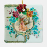 Ornamento De Cerâmica STORK CHÁ DE FRALDAS 2 Red Ruby<br><div class="desc">Design floral elegante, colorido e vibrante estilo vintage com um bebê e cegonha voadora entre o belo rosa romântico, rosas vermelhas, flores de primavera azul lacrimogêneo e uma brilhante pedra gemônica 3D de Búlgaro Lumini (c).Fácil de personalizar com seu próprio texto e incitais para chás de fraldas, festas de aniversário...</div>