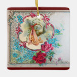 Ornamento De Cerâmica STORY BABY GIRL CHÁ 2 Ametista rosa<br><div class="desc">Design floral elegante, colorido e vibrante estilo vintage com um bebê e cegonha voadora entre o belo rosa romântico, rosas vermelhas, flores de primavera azul lacrimogêneo e uma brilhante pedra gemônica 3D de Búlgaro Lumini (c).Fácil de personalizar com seu próprio texto e incitais para chás de fraldas, festas de aniversário...</div>