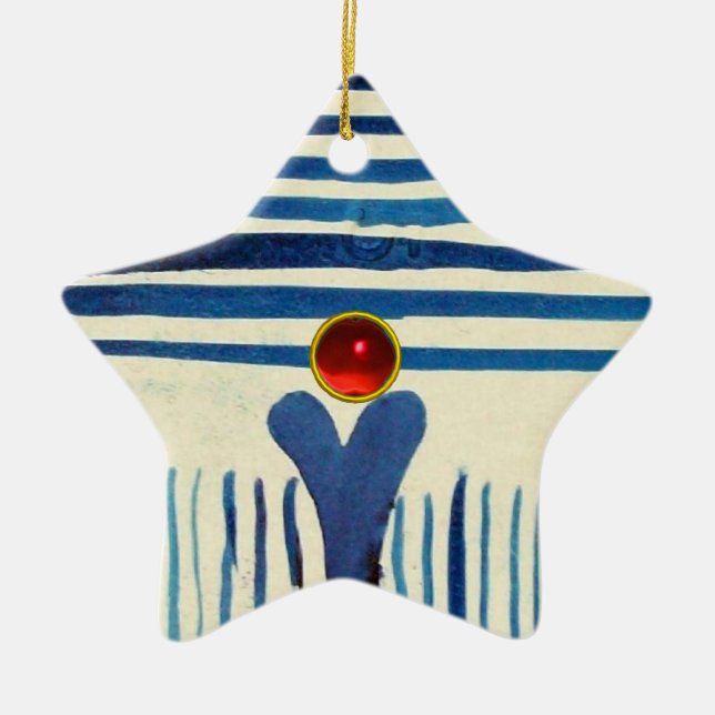 ORNAMENTO DE CERÂMICA STRIPES AZUIS E ESTRELA DE RUBY VERMELHA (Frente)