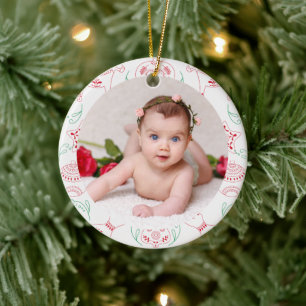 Ornamento De Cerâmica Sua Foto do Bebê PERSONALIZADA Natal Vermelho Nórd