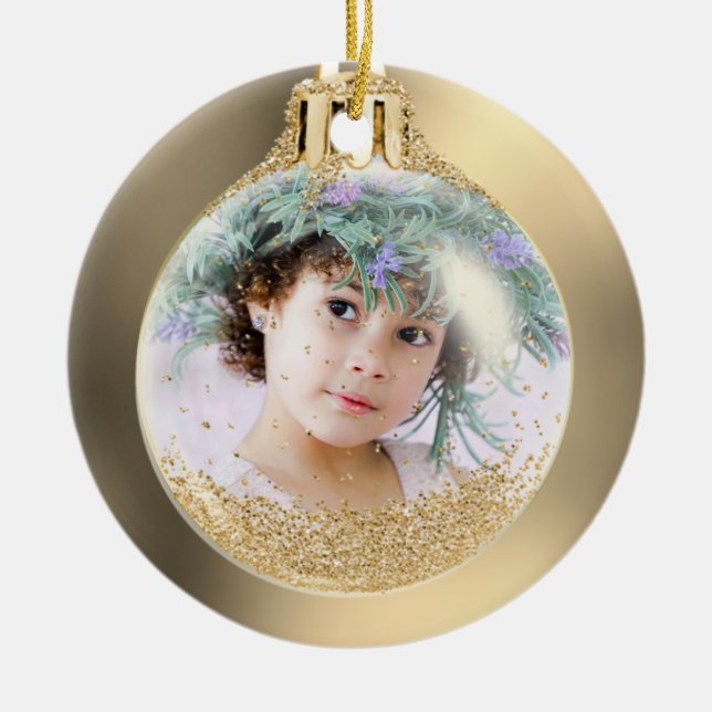 Ornamento De Cerâmica Sua foto no Ouro da bola de Natal personalizada (Frente)