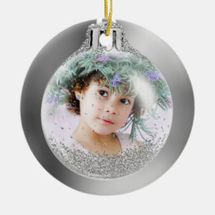 Ornamento De Cerâmica Sua foto no Silver Christmas Ball Personalizado