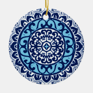 Ornamento De Cerâmica Sudoeste do Sol Mandala Batik, Marinho Azul e Bran