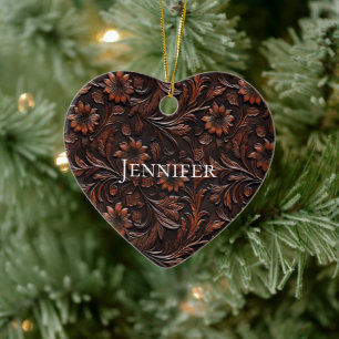 Ornamento De Cerâmica Sudoeste Faux Brown Leather Cowhide Flowers Nome