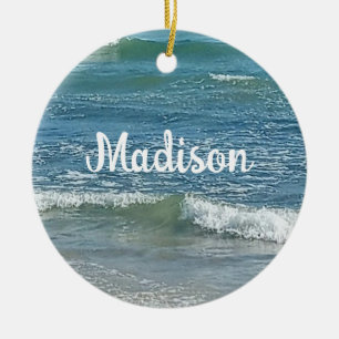 Ornamento De Cerâmica Sudsy Blue Atlantic Sea Shore Nome Personalizado