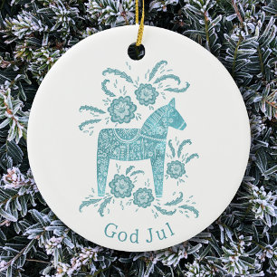 Ornamento De Cerâmica Sueco Dala Horse God Jul Teal White