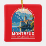 Ornamento De Cerâmica Suiça Art em MONux<br><div class="desc">Design de viagem de vetor retrô de Montreux. O MONux é uma cidade tradicional no lago de Genebra. Enfiado entre colinas íngremes e o lado do lago.</div>