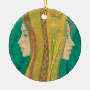 Ornamento De Cerâmica Summer, garotas, arte fantástica, floresta, verde