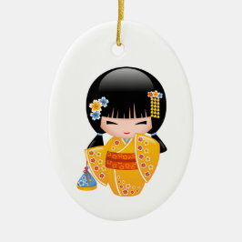 Ornamento De Cerâmica Summer Kokeshi Doll - Garota Kimono Amarela