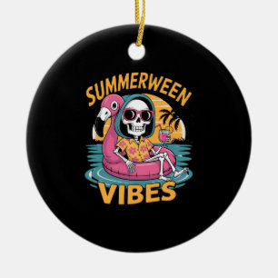 Ornamento De Cerâmica Summerween Vibes Skeleton Flamingo Float Summer Ha