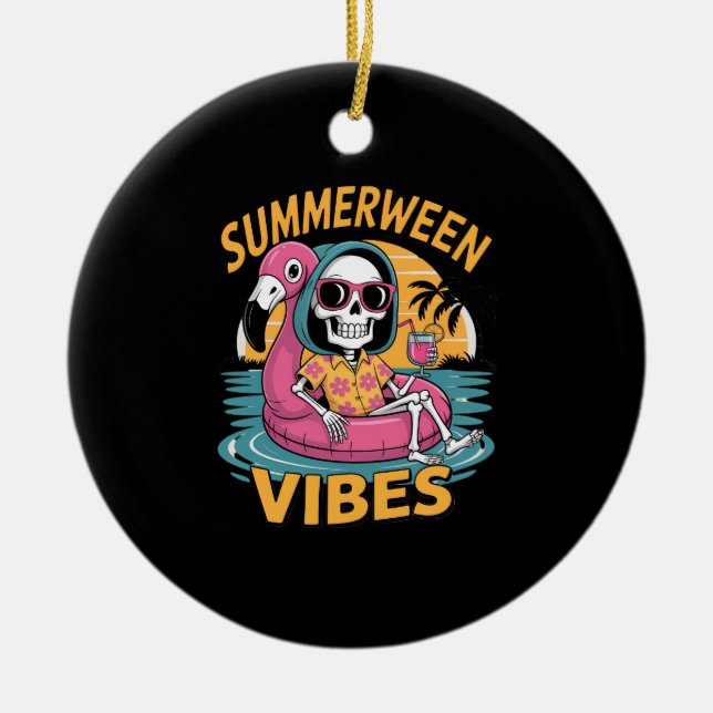 Ornamento De Cerâmica Summerween Vibes Skeleton Flamingo Float Summer Ha (Frente)