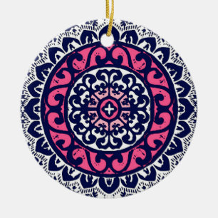 Ornamento De Cerâmica Sun Mandala, Fuchsia, Marinho e Branco