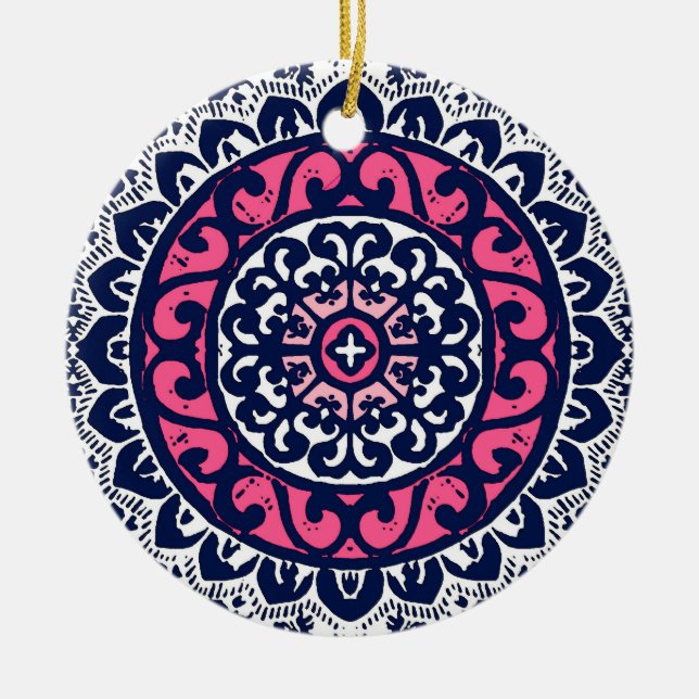 Ornamento De Cerâmica Sun Mandala, Fuchsia, Marinho e Branco (Frente)
