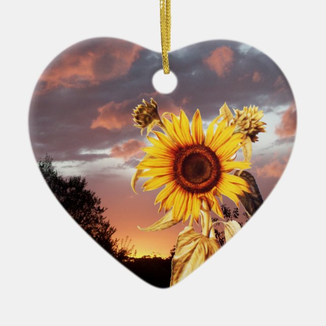 Ornamento De Cerâmica SUNFLOWER E PINK SUNSET Heart (Frente)