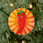 Ornamento De Cerâmica Superstar do Pepper Vermelho Vintage<br><div class="desc">Uma pimenta de desenho animado que se posaria para uma foto. ornamentos cerâmicos personalizados. Estilo superstar. Estilo de safra aplicado ao impressão.</div>