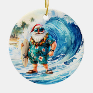 Ornamento De Cerâmica Surfando o Natal com o Papai Noel surfista 