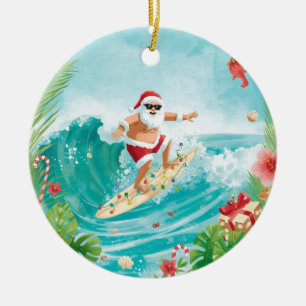 Ornamento De Cerâmica Surfando o Natal com Papai Noel surfista 