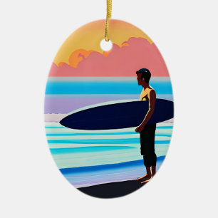 Ornamento De Cerâmica Surfer em uma praia no Sunset