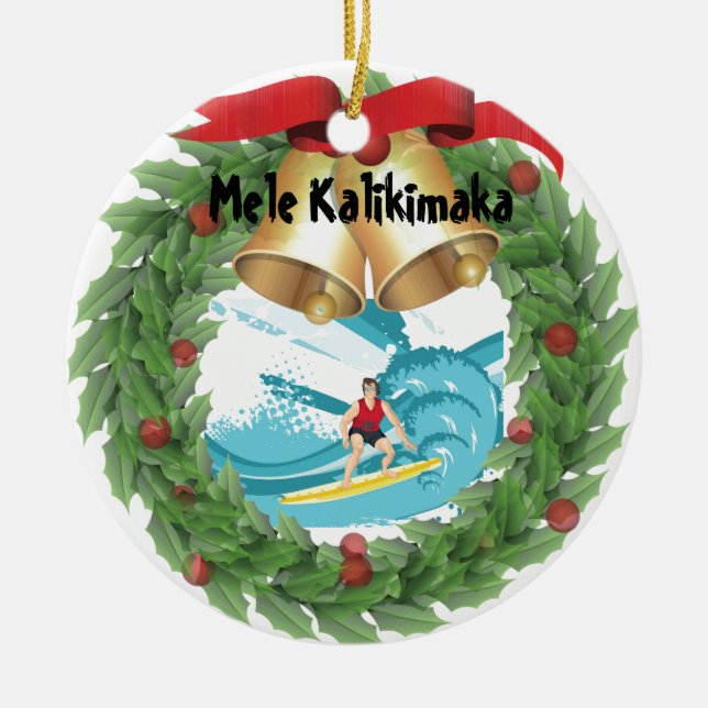 Ornamento De Cerâmica Surfista de Mele Kalikimaka (Frente)