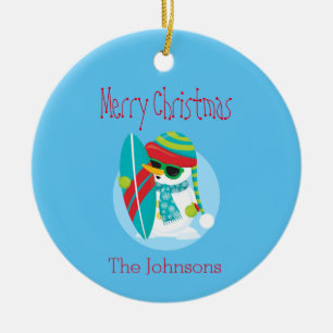 Ornamento De Cerâmica Surfista de Natal legal Snowman