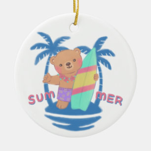 Ornamento De Cerâmica Surfista de Urso de Teddy Summer no Havaí