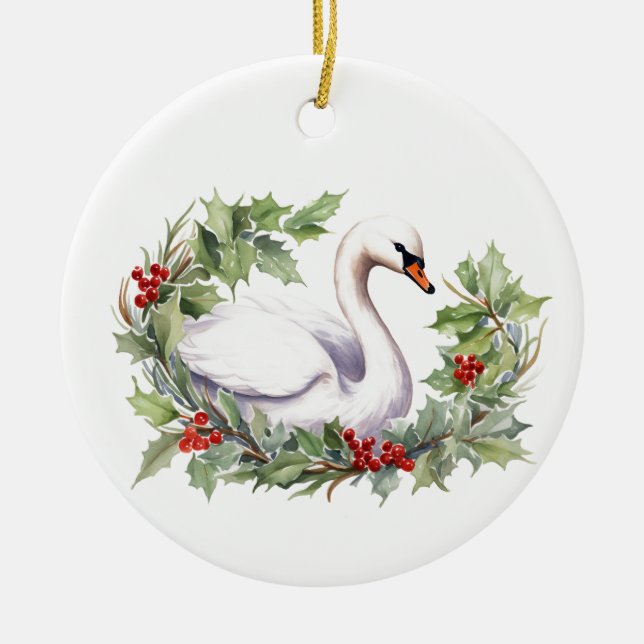 Ornamento De Cerâmica Swan de Natal com Feriado (Frente)