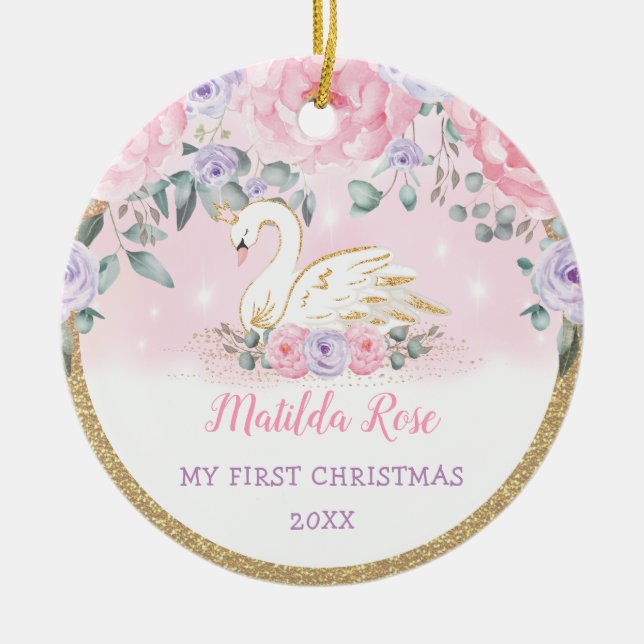 Ornamento De Cerâmica Swan Princesa Rosa Púrpura Bebê Primeiro 1rua Nata (Frente)