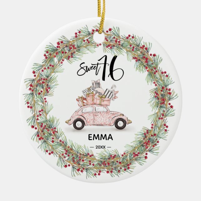 Ornamento De Cerâmica Sweet 16 Signature Script Car Greenery (Frente)