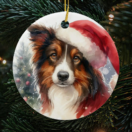 Ornamento De Cerâmica Sweet Brown Border Collie Santa Hat Natal
