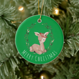 Ornamento De Cerâmica Sweet Christmas Fawn Wreath