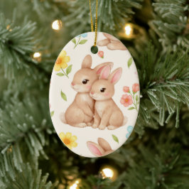 Ornamento De Cerâmica Sweet Spring Bunnies & Floral Garden Pattern