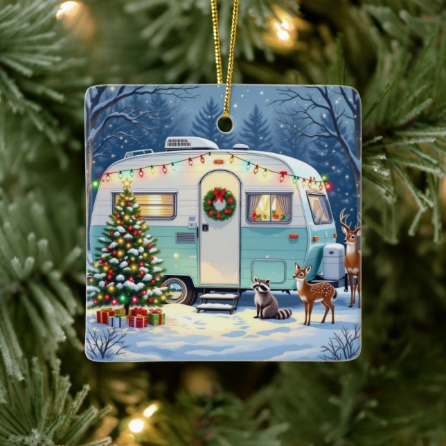 Ornamento De Cerâmica Sweet Woodland Camper Winter Scene Christmas (Árvore)