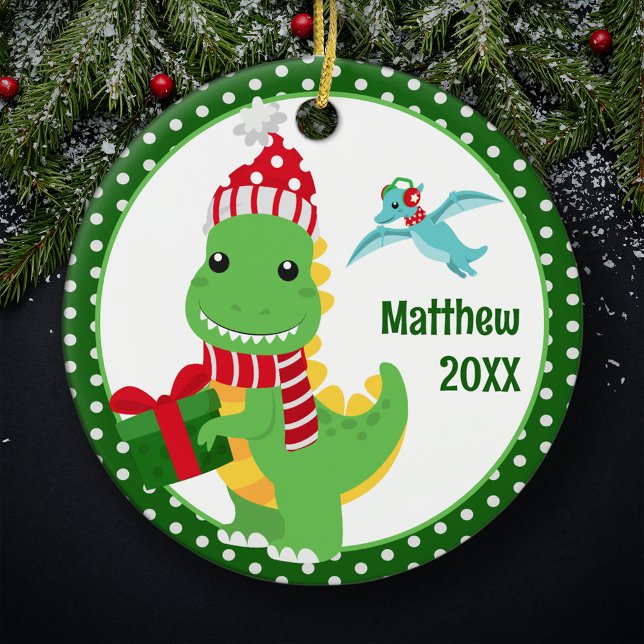 Ornamento De Cerâmica T-Rex Dinossauro Personalizado Natal Para Crianças (Criador carregado)