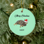 Ornamento De Cerâmica Tabby Cat com Santa Hat<br><div class="desc">Tabby Cat com Papai Noel. O gatinho está pronto para o Natal,  está? Você ama gatinhos de mesa? Ideias de presentes de barato para amigos e família. PERSONALIZE - COM O SEU NOME DE PET.</div>