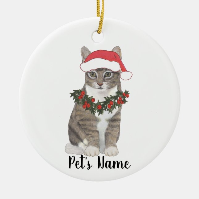 Ornamento De Cerâmica Tabby Cat Personalizado (Cinza) (Frente)