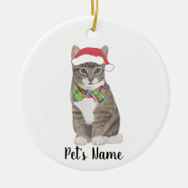 Ornamento De Cerâmica Tabby Cat Personalizado (Cinza) Santa Hat e Arco T