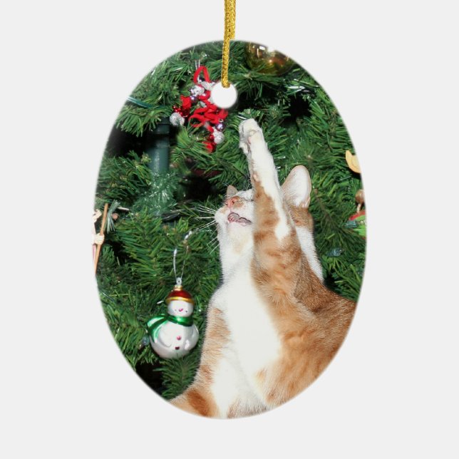 Ornamento De Cerâmica Tabby e árvore de Natal (Frente)