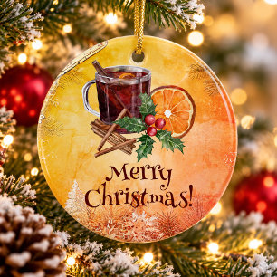 Ornamento De Cerâmica Taça de Natal Laranja Azevinho Canela Saudação