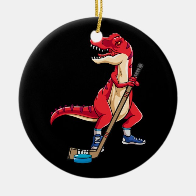 Ornamento De Cerâmica Taco de Hockey com Dinossauro Puck Goal Goalie TRe (Frente)