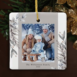 Ornamento De Cerâmica Tan & Cinza Winter Foliage Photo Christmas
