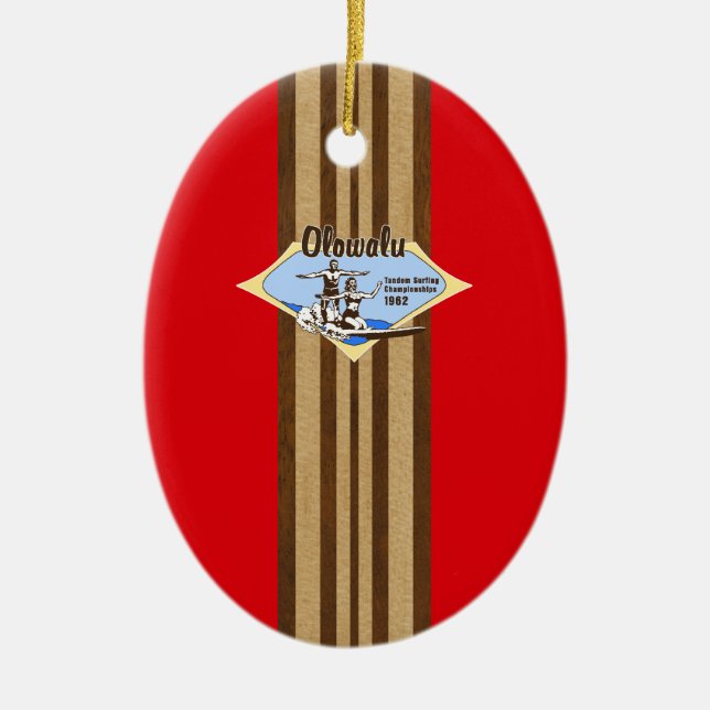 Ornamento De Cerâmica Tandem Surfing Hawaiai Faux Wood Surfboard (Frente)