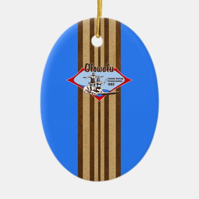 Ornamento De Cerâmica Tandem Surfing Hawaiai Faux Wood Surfboard (Frente)