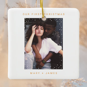 Ornamento De Cerâmica Tangerine Orange Feliz e Foto casada