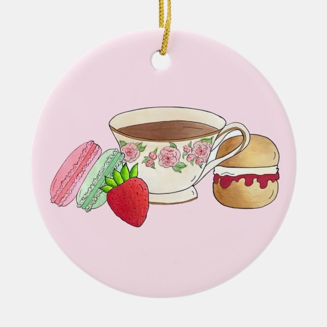 Ornamento De Cerâmica Tarde, Teacup Cream Scone Do Tea Party (Frente)