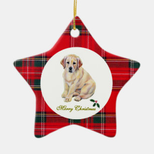 Ornamento De Cerâmica Tartan amarelo do filhote de cachorro de Christms