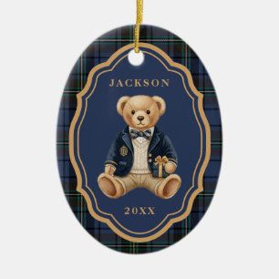 Ornamento De Cerâmica Tartan Azul Xadrez   Urso de Natal